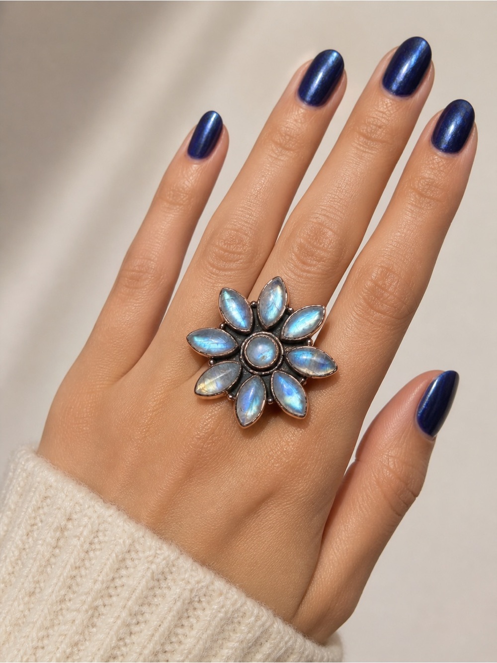 Stunning Labradorite Flower Ring – Adjustable Copper Statement Ring